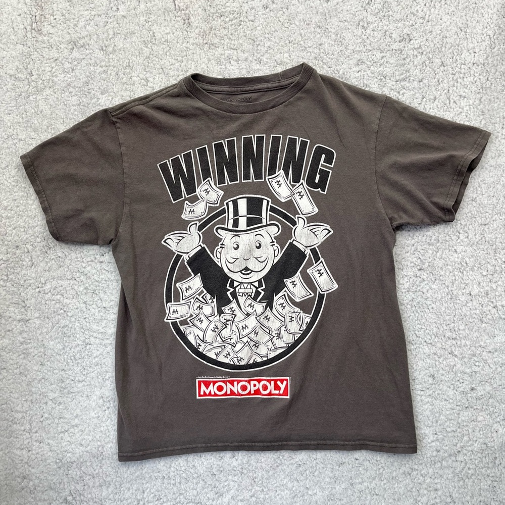 Boys Monopoly Winning Money Gray Short Sleeve Crew Neck Shirt Size XXL